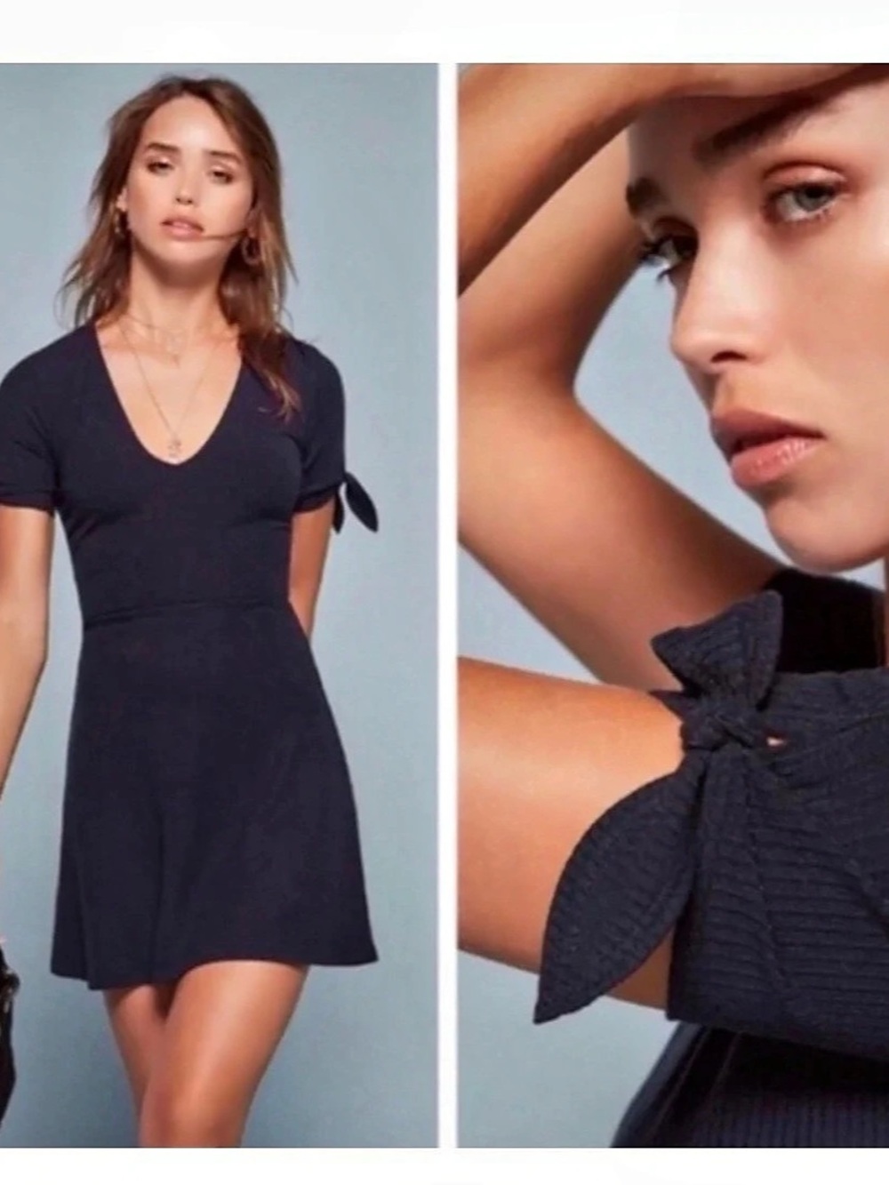 Reformation Navy Sara V-Neck Knit Mini Dress Tencel Stretch L Large EUC Holiday